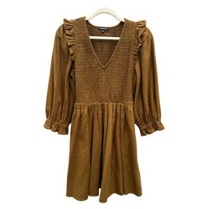 Madewell Flannel Lucie V-Neck Smocked Mini Dress Small Olive Green Autumn Size S